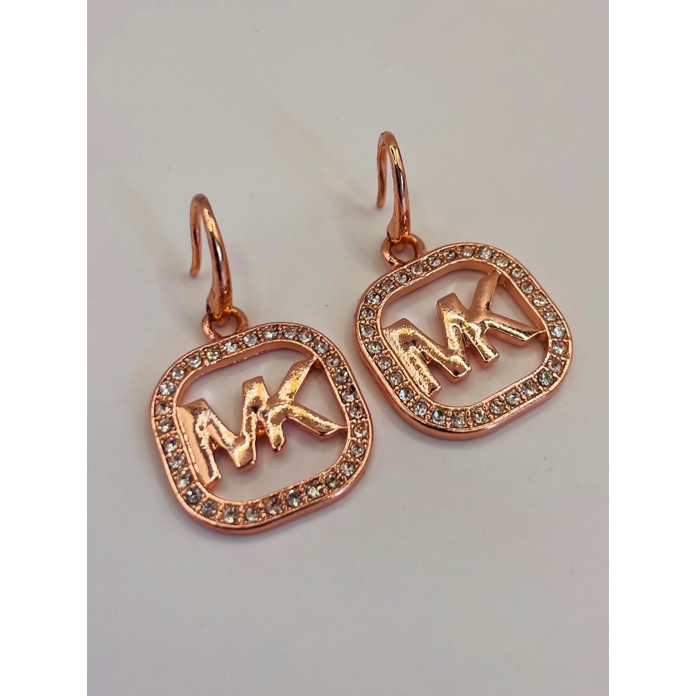 Michael Kors Rose Gold Tone MK Logo Pave Crystal Square Drop Earrings Womens